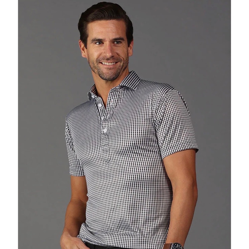 Collars & Co Mens XL Polo Shirt Navy White Gingham Featherweight Relaxed NEW